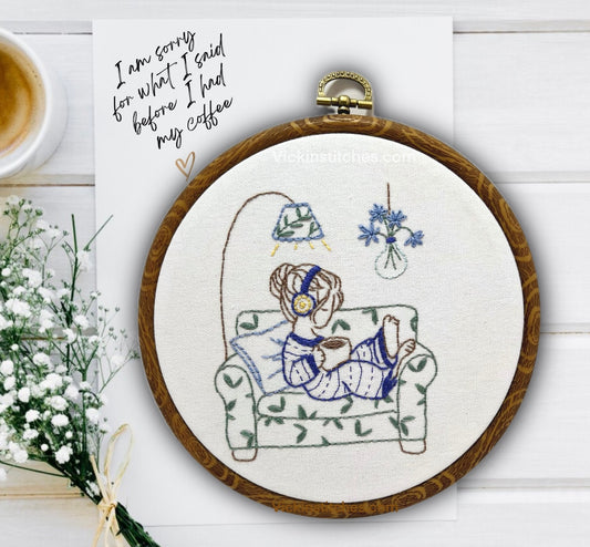 Girl with Coffee embroidery kit for beginners, headphones, fun simple embroidery
