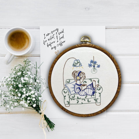 Girl with Coffee embroidery kit for beginners, headphones, fun simple embroidery