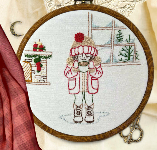Girl with coffee, Christmas winter embroidery kit for beginners, fun simple embroidery