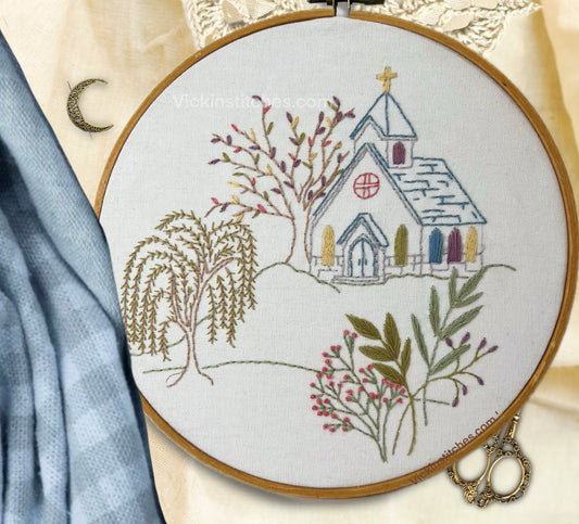 Country Church hand embroidery kit with weeping willow tree..