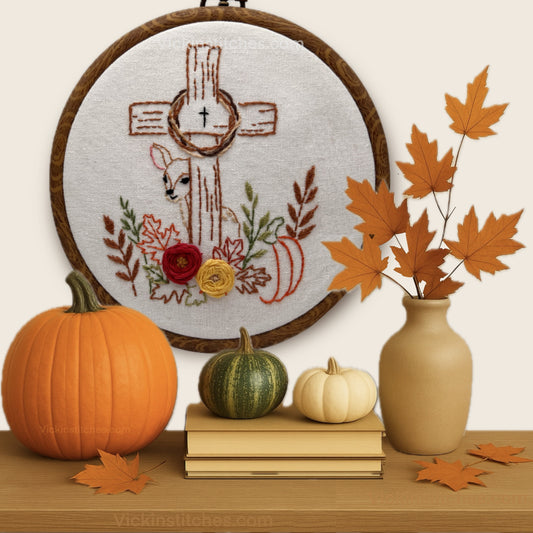 Fall Cross Embroidery Pattern PDF with Deer, Autumn Flowers & Pumpkin | Christian Hoop Art | 6” Hand Stitch beginner friendly for Autumn Decor