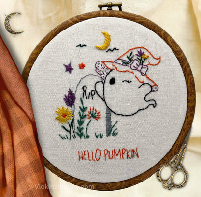 Hello Pumpkin Halloween Embroidery Pattern– 6” Ghost Witch Hat DIY Fall Craft | Beginner Friendly Modern Hand Embroidery for October Decor