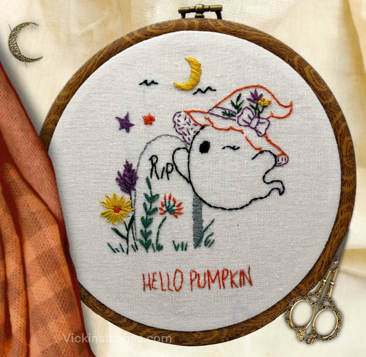 Hello Pumpkin Halloween Embroidery Pattern– 6” Ghost Witch Hat DIY Fall Craft | Beginner Friendly Modern Hand Embroidery for October Decor