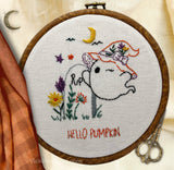 Hello Pumpkin Halloween Embroidery Kit – 6” Ghost Witch Hat DIY Fall Craft | Beginner Friendly Modern Hand Embroidery for October Decor