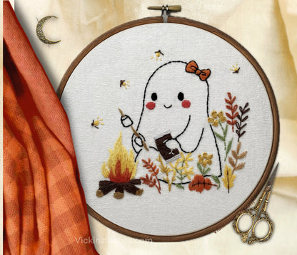 Halloween Ghost Smores Campfire Embroidery Hoop – Cute Fall Stitch Kit  Beginner-Friendly Harvest Hoop Art Decor Autumn Fall easy embroidery