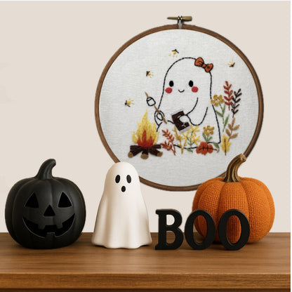 Halloween Ghost Smores Campfire Embroidery Hoop – Cute Fall Stitch Kit  Beginner-Friendly Harvest Hoop Art Decor Autumn Fall easy embroidery
