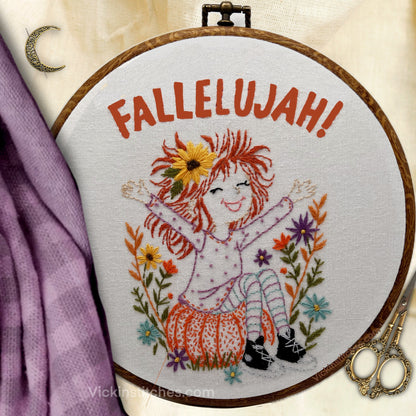 Fallelujah Autumn Girl Embroidery Pattern PDF | Pumpkin & Fall Flowers Hand Embroidery Design