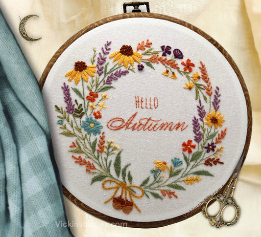 Hello Autumn Floral Wreath Embroidery Pattern PDF – Beginner Friendly Fall Hand Embroidery Pattern with Cozy Seasonal Bloom