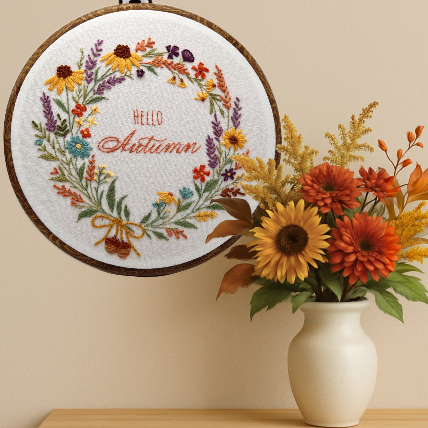 Hello Autumn Floral Wreath Embroidery Kit – Beginner Friendly Fall Hand Embroidery Pattern with Cozy Seasonal Bloom