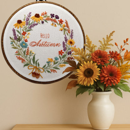 Hello Autumn Floral Wreath Embroidery Kit – Beginner Friendly Fall Hand Embroidery Pattern with Cozy Seasonal Bloom