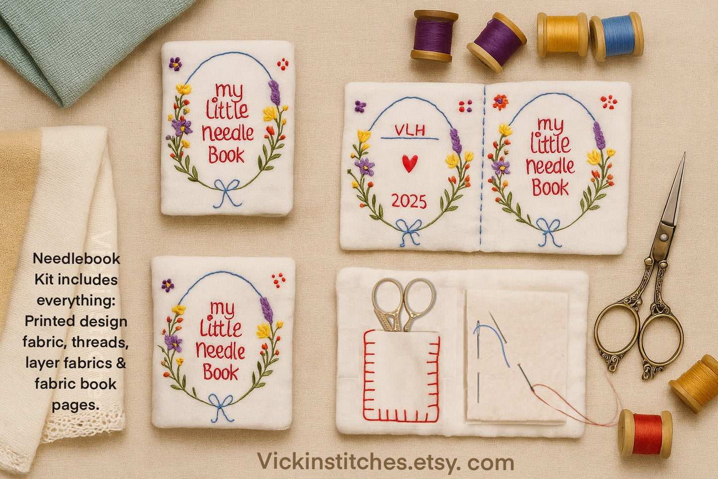 Hand Needlebook - Complete Kit – Floral Wreath Design, DIY Sewing Organizer, Beginner Friendly Needle Case Kit