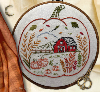 Autumn Barn Pumpkin 8” Hand Embroidery Kit – Beginner Friendly Fall Scene