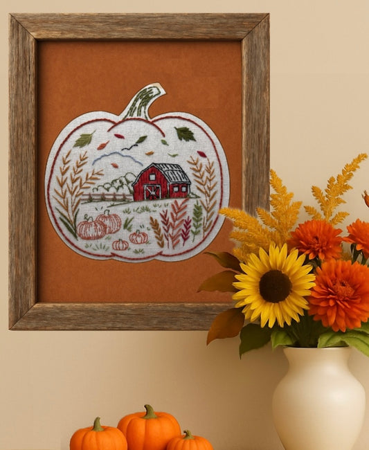 Autumn Barn Pumpkin 8” Hand Embroidery pattern pdf download – Beginner Friendly Fall Scene