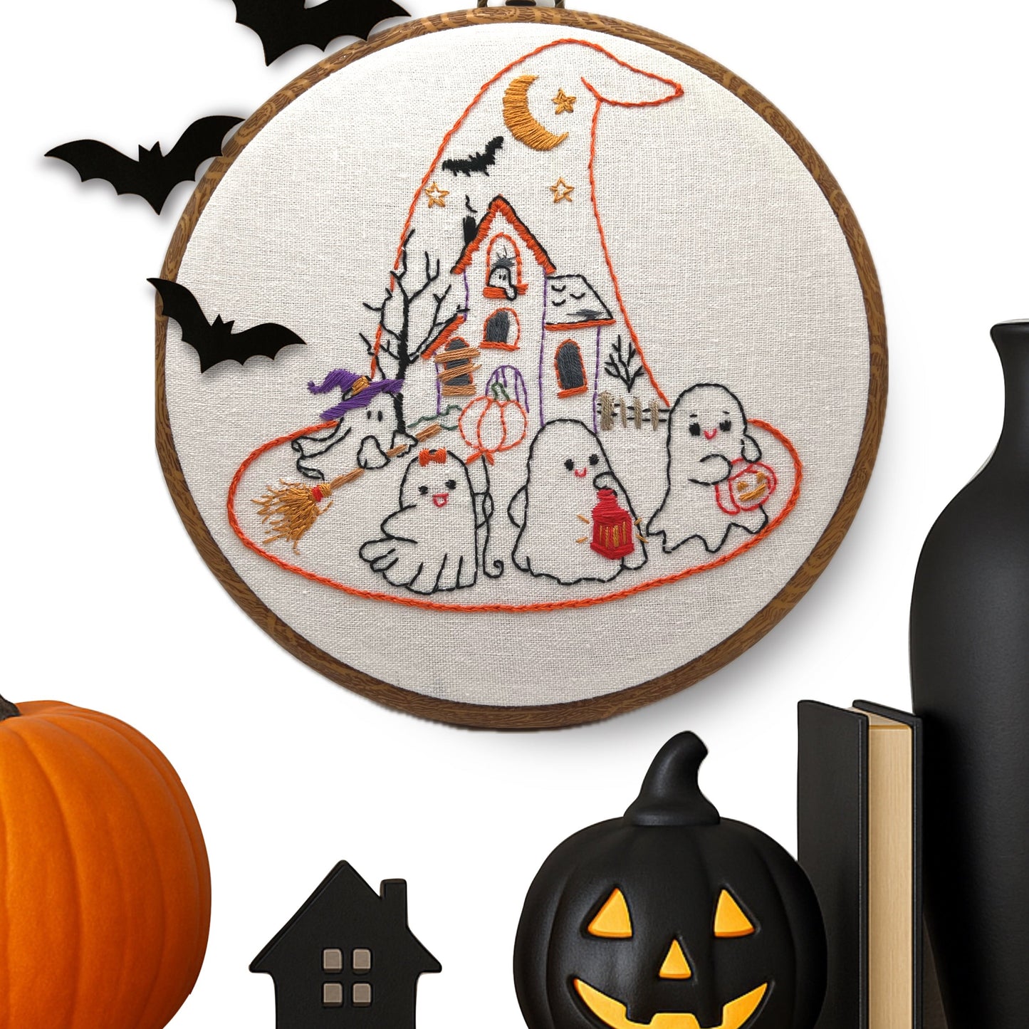 Halloween Ghost Parade Embroidery Kit – 8” Witch Hat Haunted House Hand Embroidery DIY Kit for Beginners & Stitchers