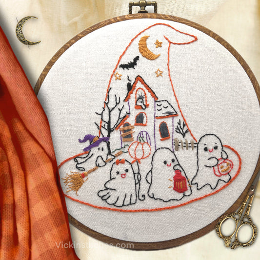 Halloween Ghost Parade Embroidery Kit – 8” Witch Hat Haunted House Hand Embroidery DIY Kit for Beginners & Stitchers