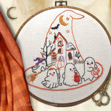 Halloween Ghost Parade Embroidery Kit – 8” Witch Hat Haunted House Hand Embroidery DIY Kit for Beginners & Stitchers