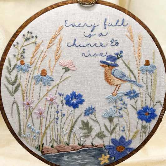 . Bluebird Pond Embroidery Kit • DIY Hand Embroidery Pattern with Flowers & Quote • Beginner Friendly Fall Hoop Art • Inspirational Stitching