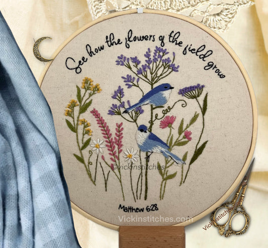 Blue birds and wildflowers Christian embroidery kit for beginners