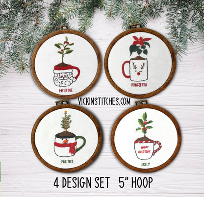 Christmas plants in cups beginner embroidery kit set , mistletoe, holly, snowman