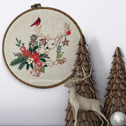 Christmas floral with reindeer hand embroidery design kit for beginners