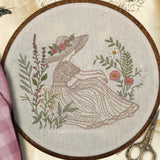 Lace clothed lady in garden setting floral Embroidery Kit for Beginners. Girl in lace dress