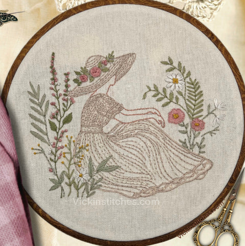Lace clothed lady in garden setting floral Embroidery Kit for Beginners. Girl in lace dress