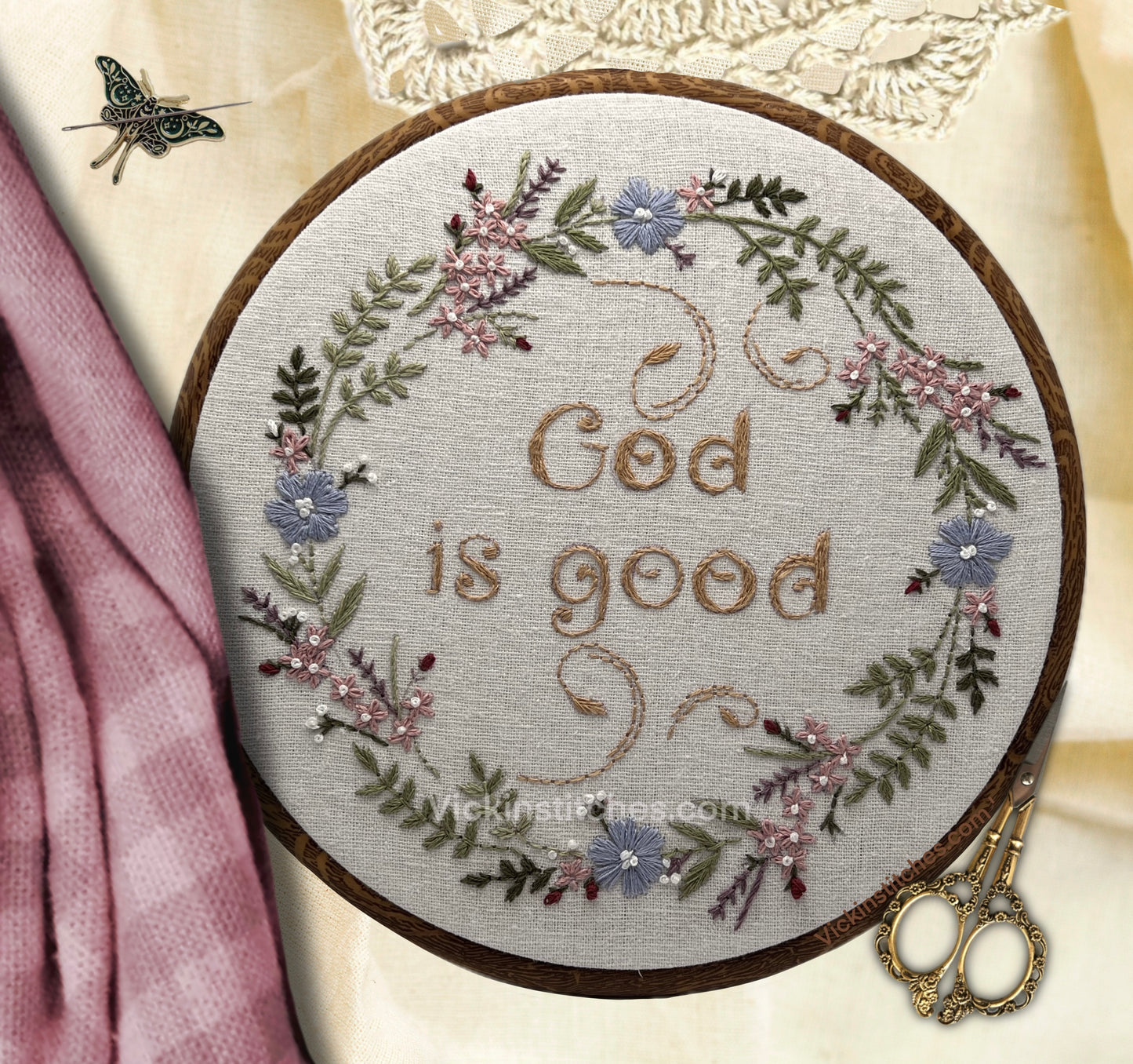 God is Good floral wreath Embroidery Kit for Beginners. Tiny wreath of flowers surrounding the caption God is Good  with ring flowers