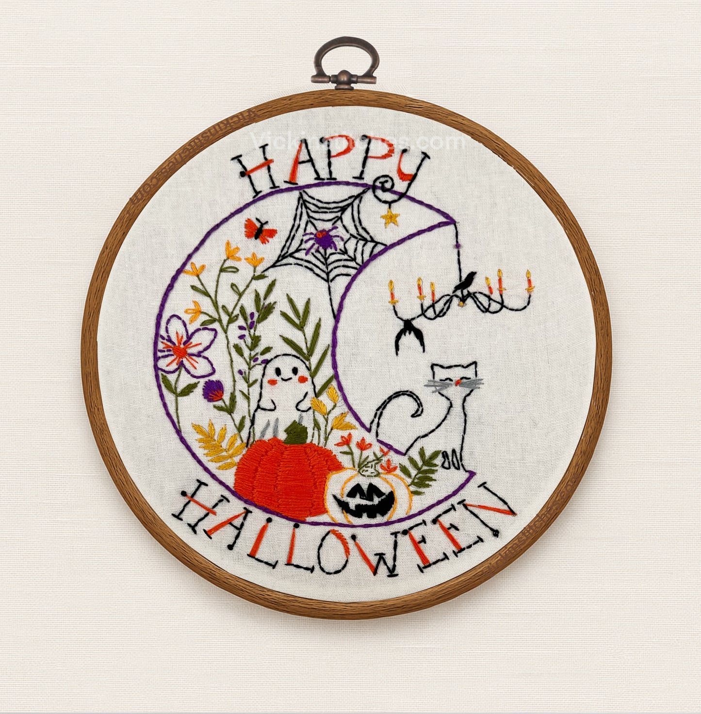 Happy Halloween Embroidery Kit 🎃 8” Hoop with Ghost, Black Cat, Pumpkins & Flowers | DIY Hand Embroidery Pattern for Spooky Fall Déco