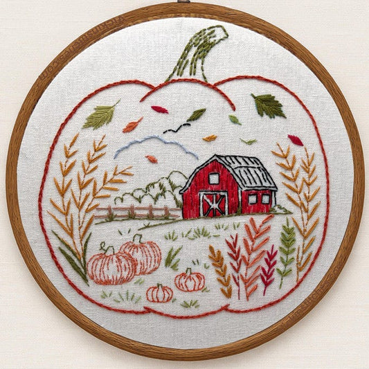 Autumn Barn Pumpkin 8” Hand Embroidery Kit – Beginner Friendly Fall Scene