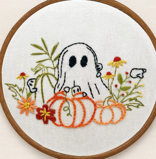 Boo garden ghosts among pumpkins and autumn flowers embroidery kit -8” hoop design