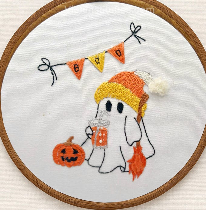 BooGee ghost with drink cup and candy hat embroidery kit. Modern 6” design