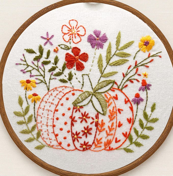 “Floral Pumpkin Embroidery Kit – 8” Autumn Hand Embroidery Pattern for Beginners | Cozy Fall Hoop Art DIY Craft”