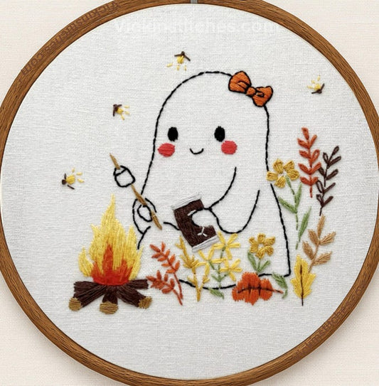 Halloween Ghost Smores Campfire Embroidery Hoop – Cute Fall Stitch Kit  Beginner-Friendly Harvest Hoop Art Decor Autumn Fall easy embroidery