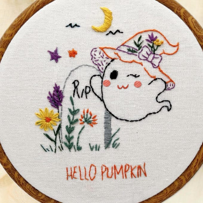 Hello Pumpkin Halloween Embroidery Kit – 6” Ghost Witch Hat DIY Fall Craft | Beginner Friendly Modern Hand Embroidery for October Decor