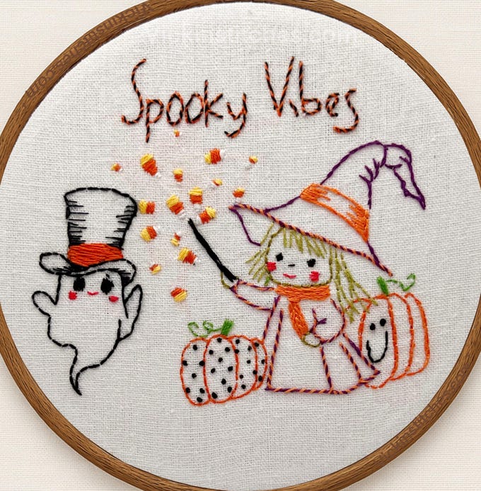 “Spooky Vibes Halloween Witch & Ghost Embroidery Kit – Cute Fall Pumpkin Design”