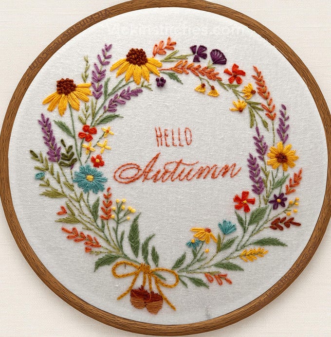 Hello Autumn Floral Wreath Embroidery Kit – Beginner Friendly Fall Hand Embroidery Pattern with Cozy Seasonal Bloom