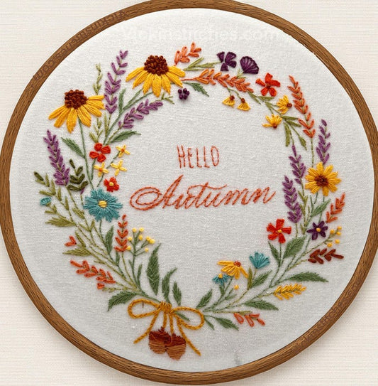 Hello Autumn Floral Wreath Embroidery Kit – Beginner Friendly Fall Hand Embroidery Pattern with Cozy Seasonal Bloom
