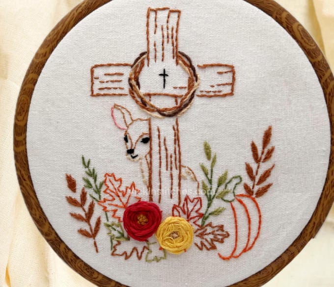 Fall Cross Embroidery Kit  with Deer, Autumn Flowers & Pumpkin | Christian Hoop Art | 6” Hand Stitch beginner friendly for Autumn Decor
