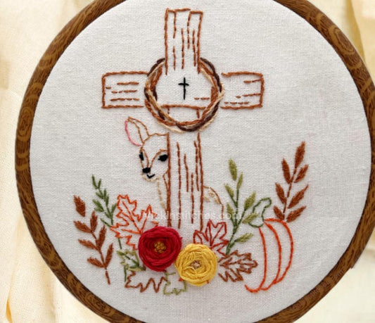Fall Cross Embroidery Kit  with Deer, Autumn Flowers & Pumpkin | Christian Hoop Art | 6” Hand Stitch beginner friendly for Autumn Decor