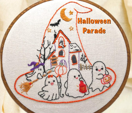 Halloween Ghost Parade Embroidery Kit – 8” Witch Hat Haunted House Hand Embroidery DIY Kit for Beginners & Stitchers