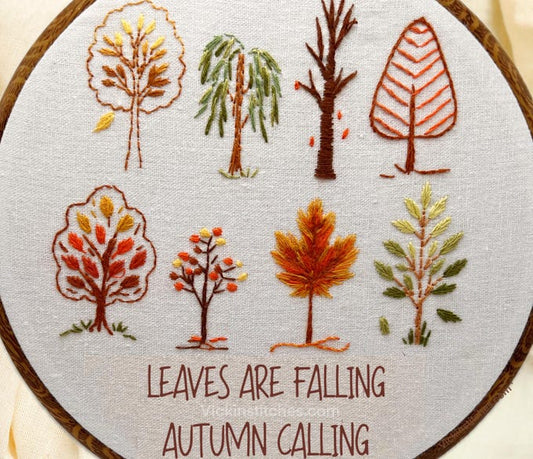 8” Autumn Trees Embroidery Kit – Beginner Hand Stitch Pattern for Fall Wall Decor Autumn leaves