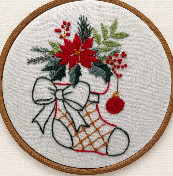 Christmas Embroidery kit. Christmas flowers, poinsettia. Holiday stocking
