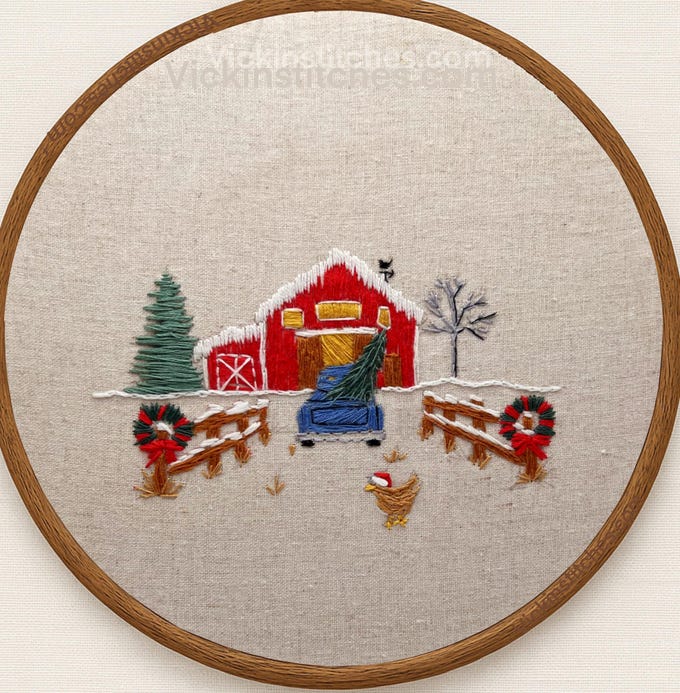 Christmas on the farm. Hand embroidery kit. 7” farmhouse Christmas