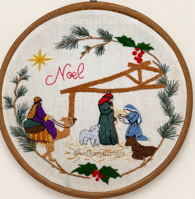 8” Christmas Nativity  Grapevine Wreath Embroidery Kit