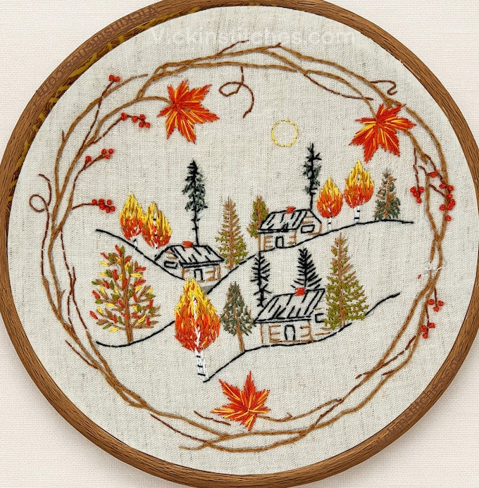 8" Autumn Cabin in the Woods Forest Embroidery Kit