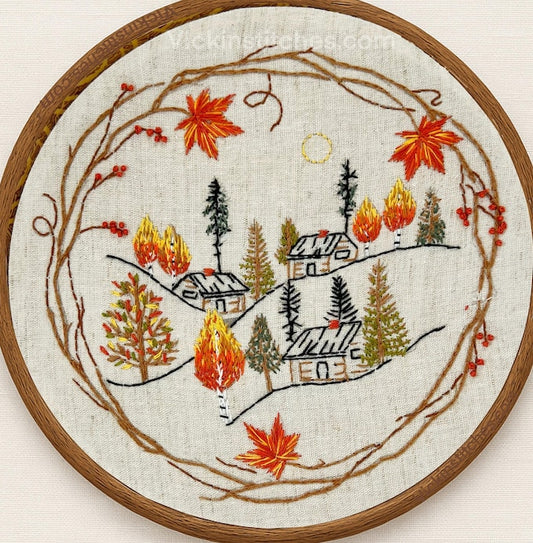 8" Autumn Cabin in the Woods Forest Embroidery Kit