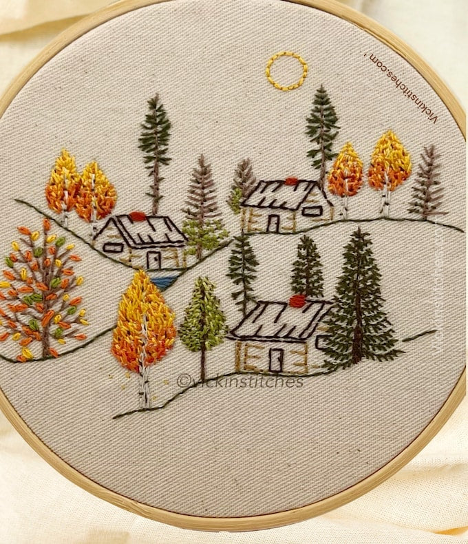 8" Autumn Cabin in the Woods Forest Embroidery Kit