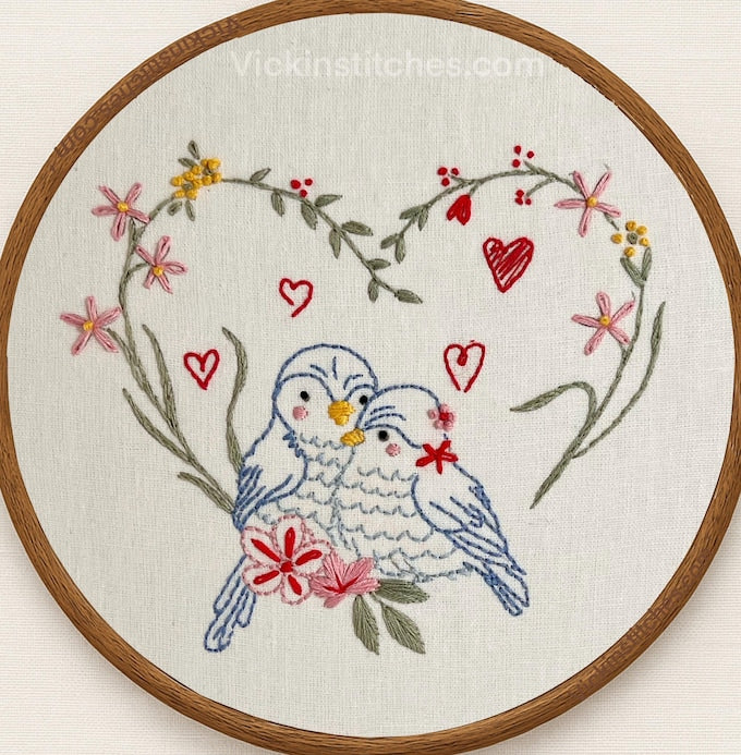Valentines Day Lovebirds Hand Embroidery kit for beginners