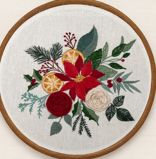 8" Christmas Floral Bouquet with Roses Embroidery Kit