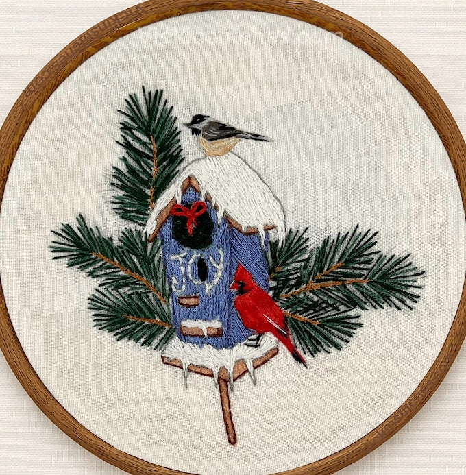 6" Christmas Winter Birdhouse with Cardinal Embroidery Kit